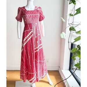 Vintage Golden 70s Red Silver Sparkly Lurex Geometric Print Maxi Dress 0